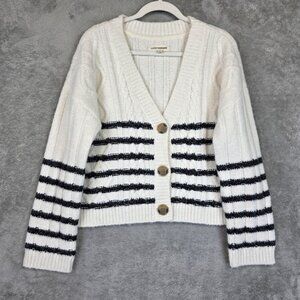 Lucky Brand Cardigan Sweater Womens Large White Stripe Cable Knit Button Front